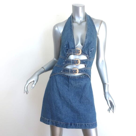 Cult Gaia Dresses & Skirts - Cult Gaia Anice Buckled Cutout Halter Mini Dress Blue Denim Size 10 NEW
